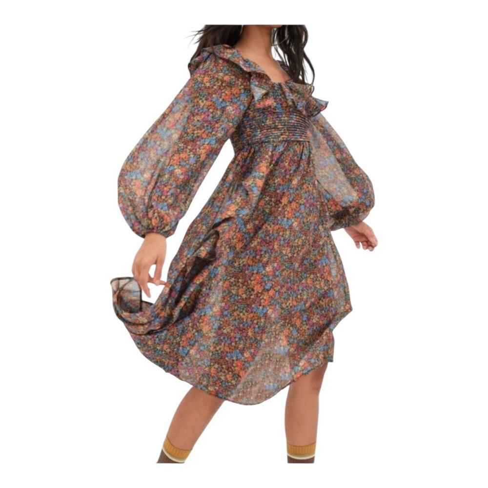 For Love & Lemons Brittany Floral Midi Dress Smocked Ruffle Long Sleeve Med NWT